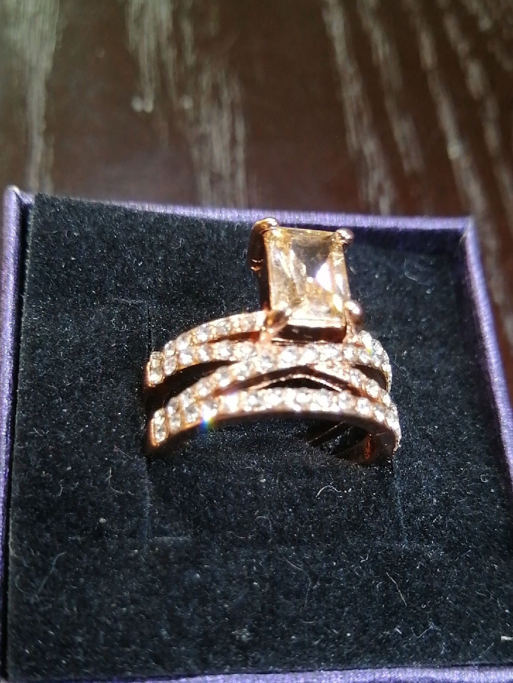 Rose Gold Tone Champagne Central And Clear Crystals Ring Size 7